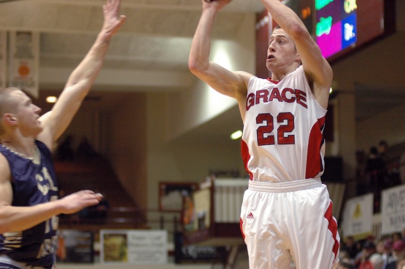 Grace College guard Elliot Smith lets fly with a jumper Friday night. Smith, who played at Northridge High School, had 18 points as the Lancers won in the NAIA National Championships to advance to the Elite Eight (Photo provided by Grace College Sports Information Department)