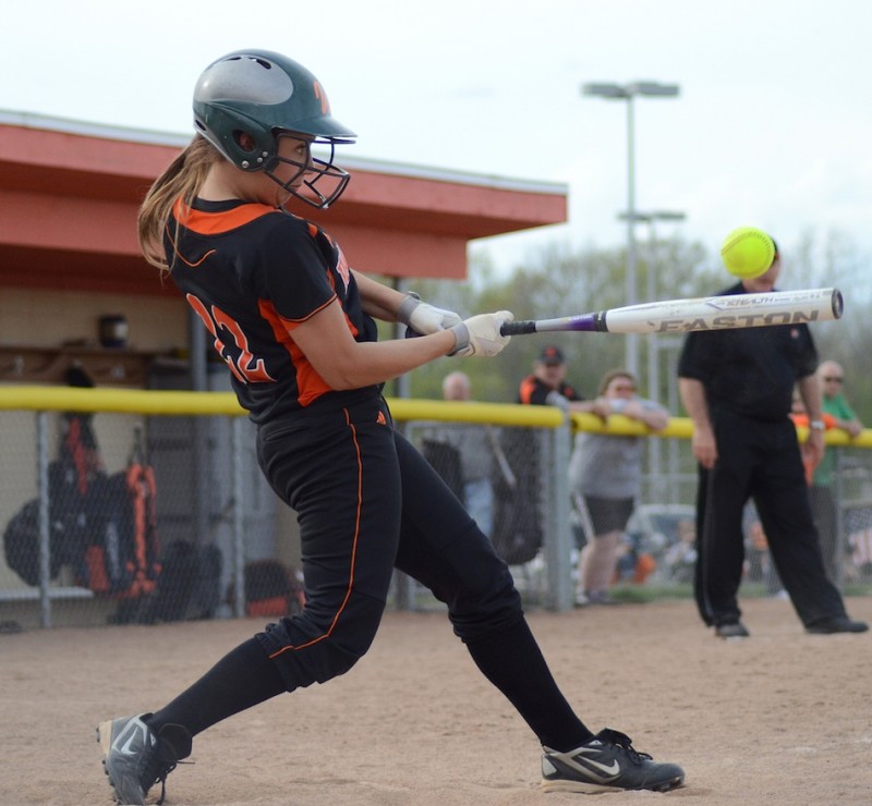 Taylor Stiver connects for Warsaw Friday night. Stiver had two hits as the Tigers topped Goshen 11-1 in six innings in NLC play (Photos by Jim Harris)