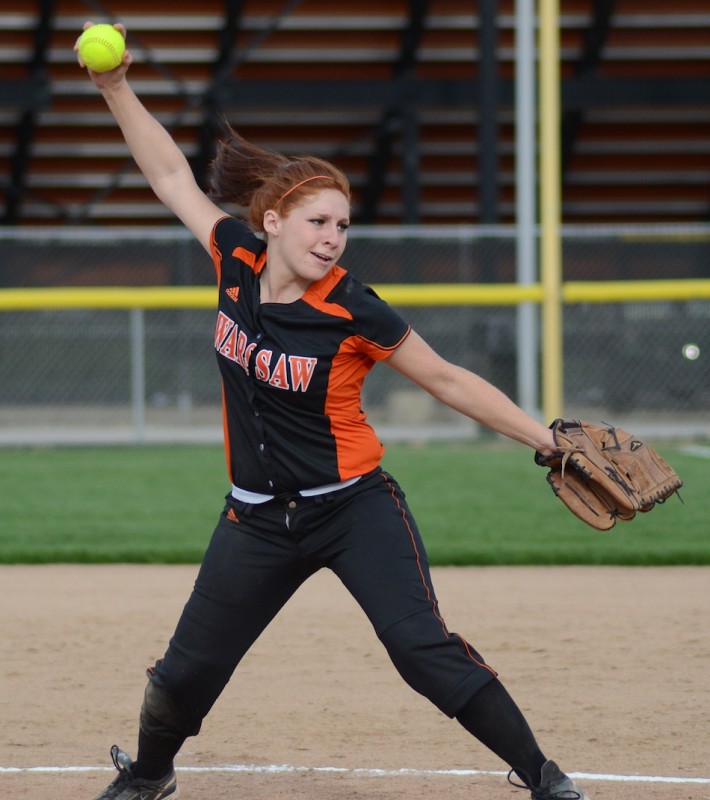 Whitney Sleeth winds up Friday night. She fired a three-hitter for Warsaw in an 11-1 win over NLC foe Goshen.