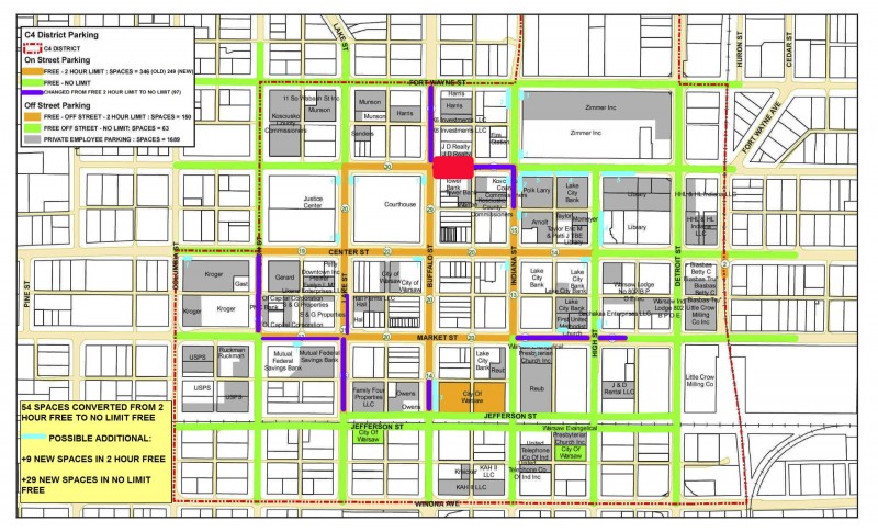 Warsaw's parking rules are changing as outlined in this map. The only change to the original plan is noted in red. Tower Bank has requested the angled parking north of the building be left at 2-hour parking to accommodate its customers. 