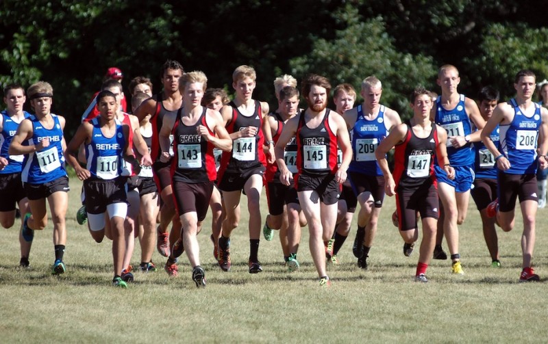 The Grace College men's cross country team, shown above earlier this season, will host the Crossroads League Championships for both men and women on Saturday in Winona Lake (Photo provided by  Grace College Sports Information Department)