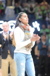 Skylar Diggins watches as her No. 4 is unveiled in the ND Ring of Honor Saturday in the rafters of Purcel Pavilion.