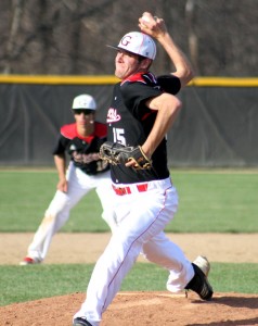 Dellos Schabel fires a pitch for the Lancers Saturday (Photo provided by Grace College Sports Information Department)