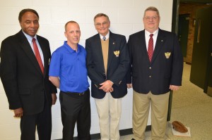 From left are Bill Cook, vice president of veterans affairs for Air Force Association Chapter 411, Ryan Edgar, math teacher at Wawasee Middle School, Dr. Chuck Hassel, president of AFA Chapter 411 and John Peyton, vice president of aerospace education for AFA Chapter 411. AFA Chapter 411 honored Edgar as its State Teacher of the Year.