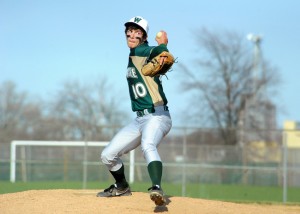 Gage Fannin of Wawasee pitches during the seventh inning of the Warriors' 9-8 win over the South Bend Riley Wildcats at the Wawasee Baseball Invitational.