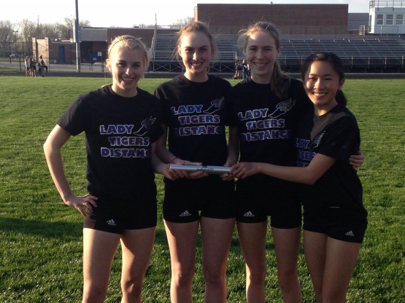 The Warsaw girls' track 4 X 800 team placed third in the Franklin Central Distance Showcase Friday night. The team  (from left) is Brooke Rhodes, Hannah Dawson, Allison Miller and Anna Craig (Photo provided by Matt Campbell)