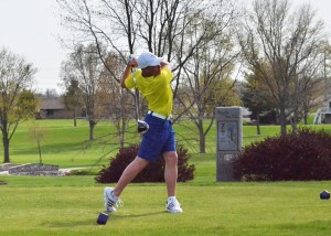 Jordan Anderson tees off on No. 7 for Triton.