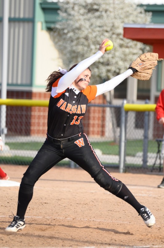 Kaleigh Speicher winds up for Warsaw in a win over Elkhart Memorial Monday.