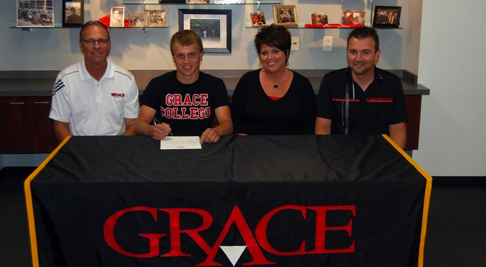 NorthWood High School graduate Brayden Glaser will continue his golf career at Grace College. Glaser is shown above with his parents Troy and Carol and Grace coach Denny Hepler (Photo provided by Grace College Sports Information Department).