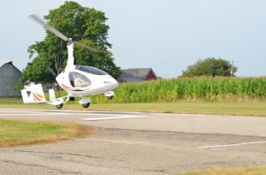 PREPARING FOR TOUCHDOWN — A home-built kit gyroplane prepares for landing at the Mentone Airport. (Photo by Keith Knepp)