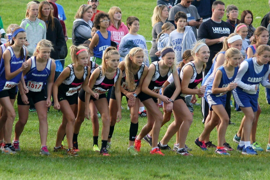 The Wawasee middle school girls varsity cross country team gets ready to run at the West Noble Middle School Cross Country Invitational Saturday morning. From left to right are Lila Gregory, Katie Haines, Carmen Yoder, McKenzie Smith and Caitlin Wortinger. (Photos provided) 