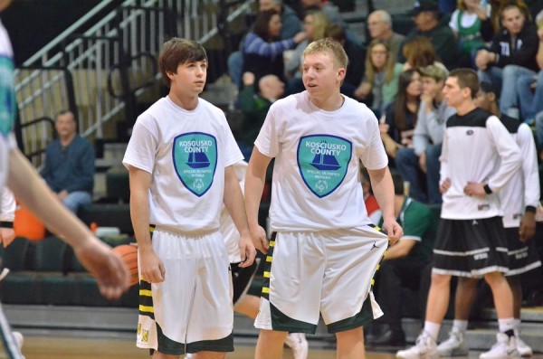 Wawasee's Jake Hutchinson and Jeffrey Moore sport Special Olympics shirts during last year's game. (Archived photo by Nick Goralczyk)