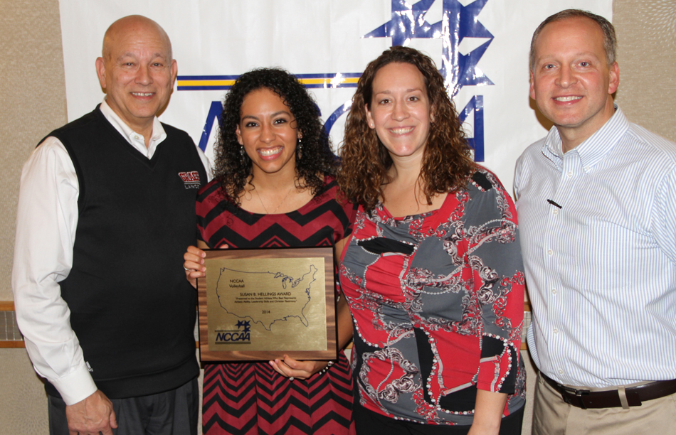 Grace College volleyball player Hannah Clemmons earned the prestigious Hellings Award. Pictured are (left) Grace president Dr. Bill Katip, Hannah Clemmons, Grace coach Andria Harshman, Grace athletic director Chad Briscoe at Wednesday's 2014 NCCAA National Volleyball Banquet. (Photo provided by the Grace College Sports Information Department) 