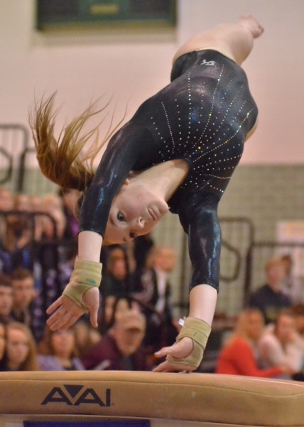 Reagan Atwood took first in three events Tuesday night, including an 8.80 performance on vault. (Photos by Nick Goralczyk)