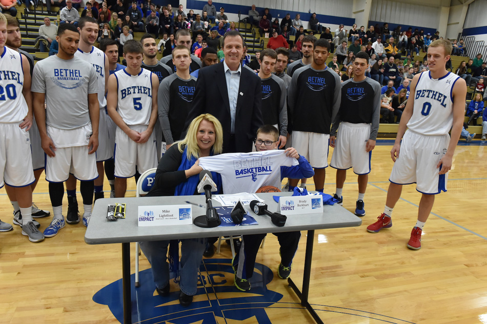 Brady Burkhart poses with his Bethel T-shirt after signing his letter of intent to join the Pilots Saturday afternoon. (Photos provided by Bethel College athletics)