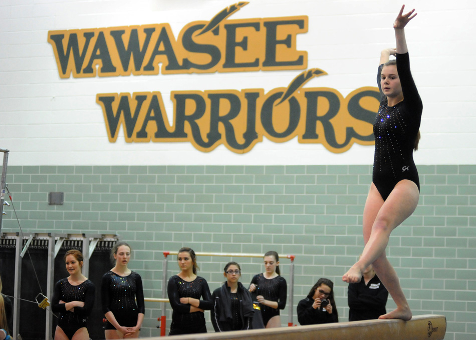 Wawasee's Ashleigh Frecker performs on the beam Tuesday night against Plymouth. (Photos by Mike Deak)