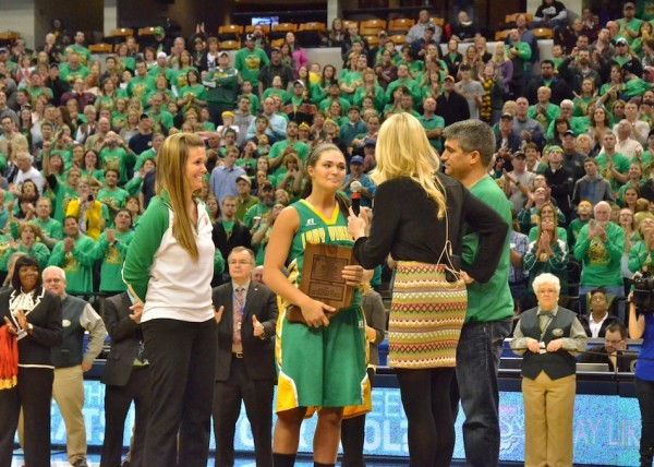 Taylor Trippiedi gets interviewed after winning the Mental Attitude Award following the 3A state title game. (Photo by Nick Goralczyk)