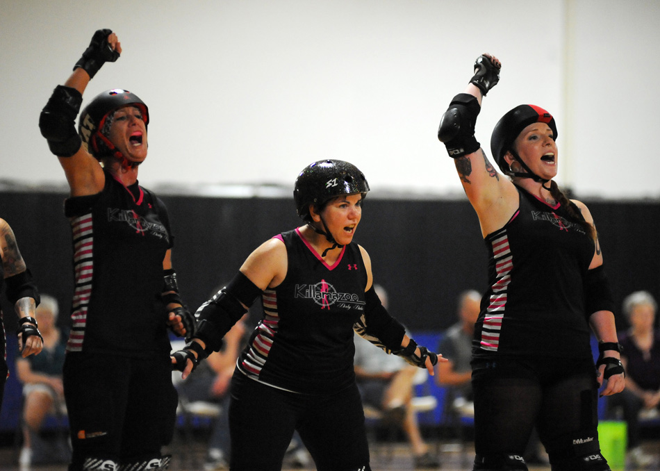 Killamazoo had the war chant 'kill, kill, kill" going during the derby team's 192-94 win at Bone City Saturday night. (Photos by Mike Deak)