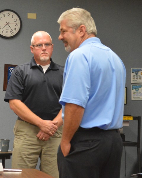 During Tuesday night’s Syracuse Town Council meeting Chief Tony Ciriello, right, recommended Sgt. Jim Layne be promoted to chief when Ciriello retires next month. The council approved the recommendation.