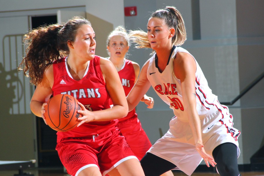 Grace's Haley Richardson defends during a 48-46 home win over IUSB Wednesday night (Photo provided by the Grace College Sports Information Department)