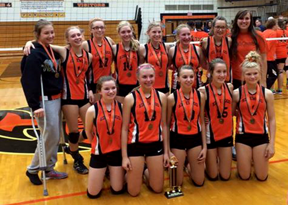 The Edgewood eighth grade volleyball team finished second at the LaPorte Invite. In the front row, from left, are Kylie Prater, Gwynn Bellamy, Grayson Kilburn, Kiera Hatfield and Kaia Hummitch. In the back row are Delaney Walters, Allie McQuire, Haley Howard, Brooklyn Slone, McKenna Hawblitzel, Katie Schmidt, Emma Hoff and coach Bethany Tribbett. (Photo provided)