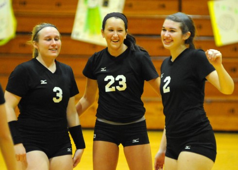 Southwood's Emilie Harnish (23) celebrates with teammates Delayne Gentry (3) and Drue Gentry (2) after a point against Tippecanoe Valley.