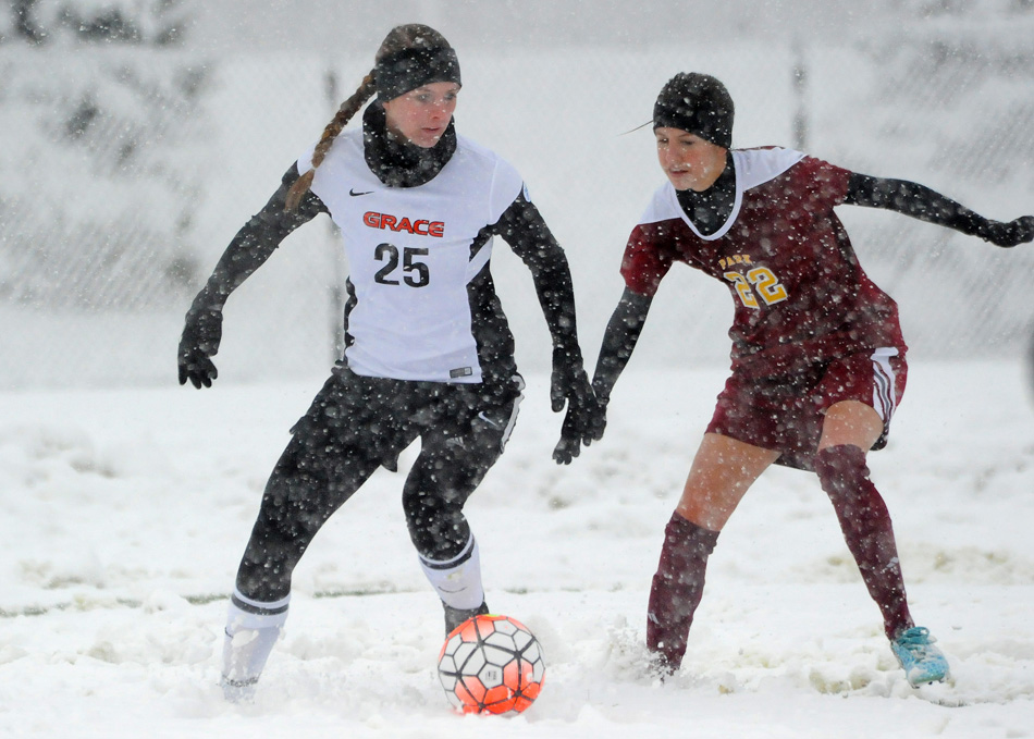 Meredith Hollar and her Grace College women's soccer teammates are leaving the cold and snow of northern Indiana for the more hospitable atmosphere of Orange Beach, Alabama, for the NAIA Women's Soccer National Championships. (Photos by Mike Deak)