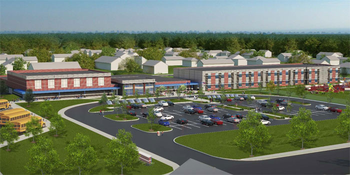 An artist rendering of the exterior of the future Lincoln Elementary School. The current building sits where the parking lot is pictured. (Images provided)