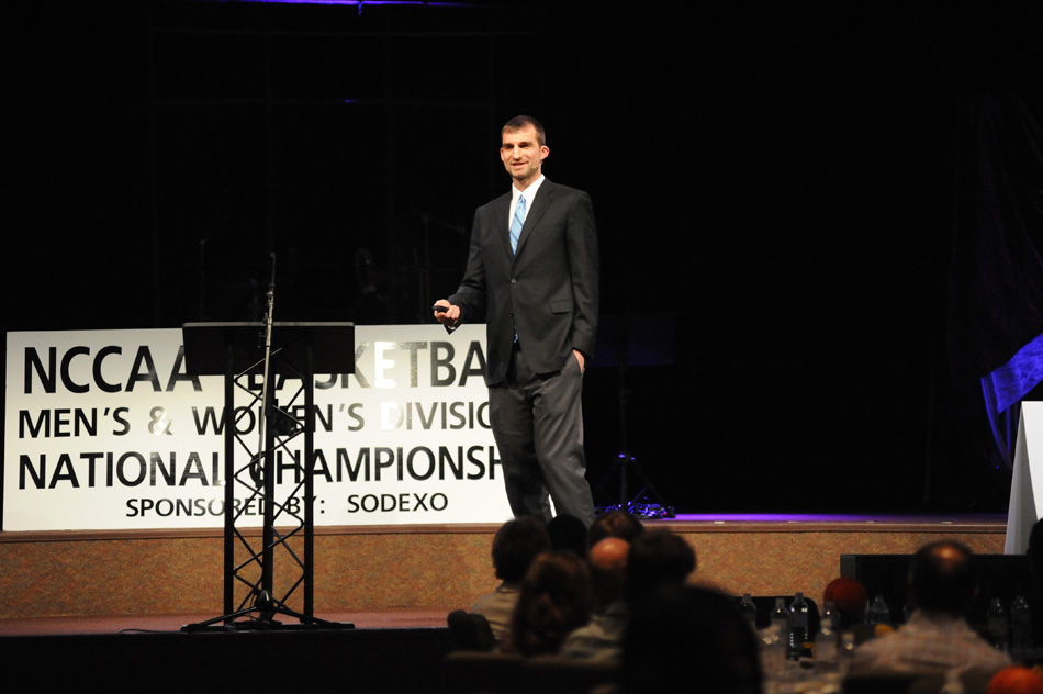 Luke Zeller was the guest speaker Tuesday night at the NCCAA National Championship banquet at Warsaw Community Church. (Photo by Mike Deak)