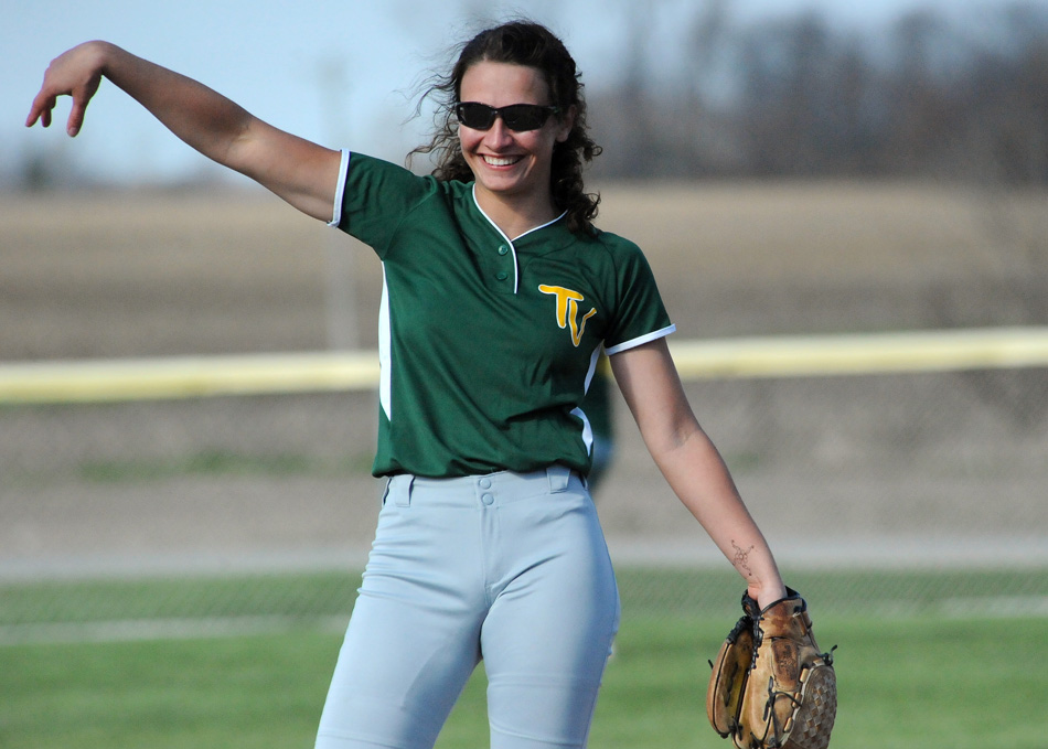 Katie Gunter waves off attention after Gunter was pelted with a line drive.