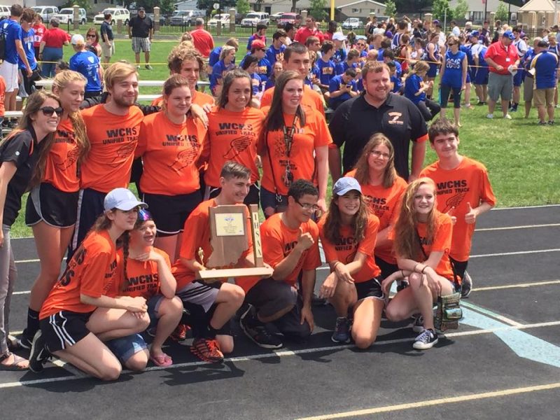 The WCHS Unified track team proudly displays their sectional championship trophy Saturday at Kokomo. The team earned a spot in the State Finals at IU on June 4 (Photo provided)