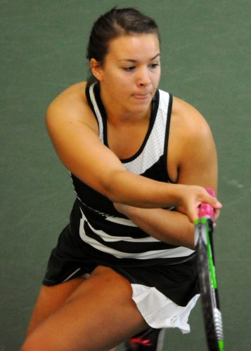 Morgan Brazo of Tippecanoe Valley chases down a ball in the one doubles matchup against Rochester.