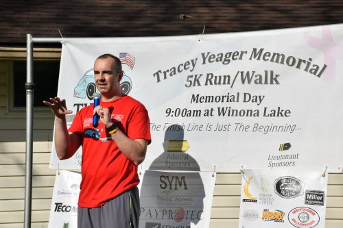 Steven Fuchs honored three veterans during his speech before the Tracey Yeager Memorial 5k. (Photos by Maggie Kenworthy)
