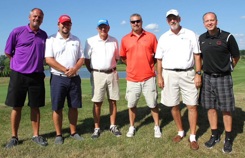 Pictured are the winners and organizers of the 2016 Lancer Classic at Stonehenge Golf Club. From left to right are Stonehenge golf pro Jeff Schumaker, Christian McCray, Rich Dick, Matt Dick, Steve Longbrake and Grace College athletic director Chad Briscoe. (Photo provided by the Grace College Sports Information Department)