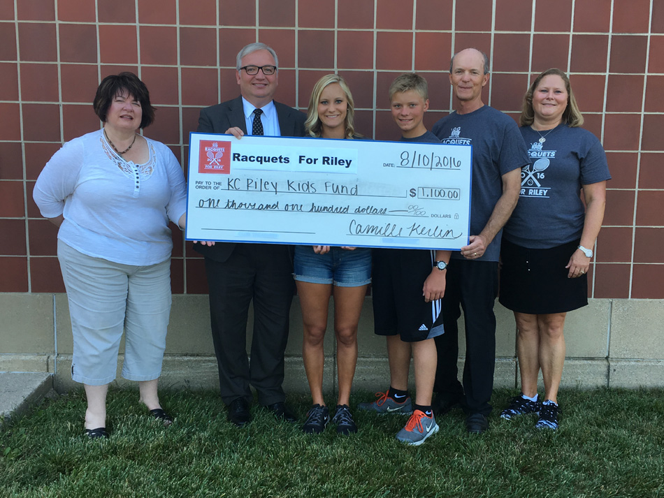 Racquets For Riley donated $1,100 to the Kosciusko County Riley Kid's Fund. From left to right are Brenda Ridgon of KCCF, Mike Bergan of KC Riley Kid's Fund, Camille Kerlin, Carson Kerlin, Rick Kerlin and Diane Kerlin.