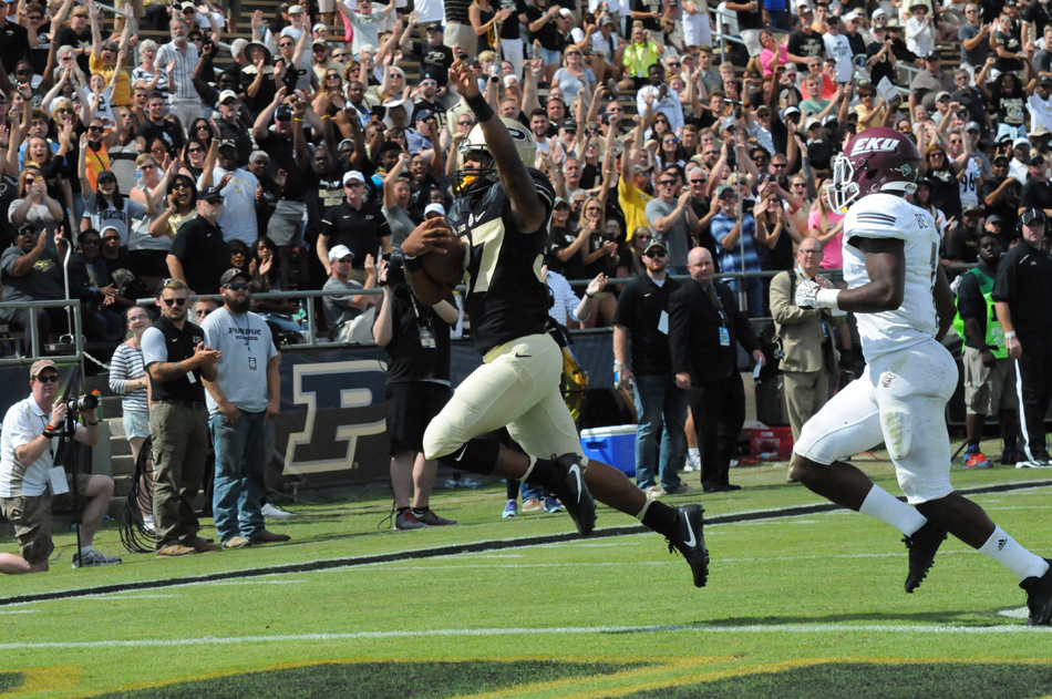 Purdue's Brian Lankford-Johnson reaches the end zone during Purdue's 45-24 win against Eastern Kentucky Saturday afternoon at Ross-Ade Stadium. (Photos by Dave Deak)