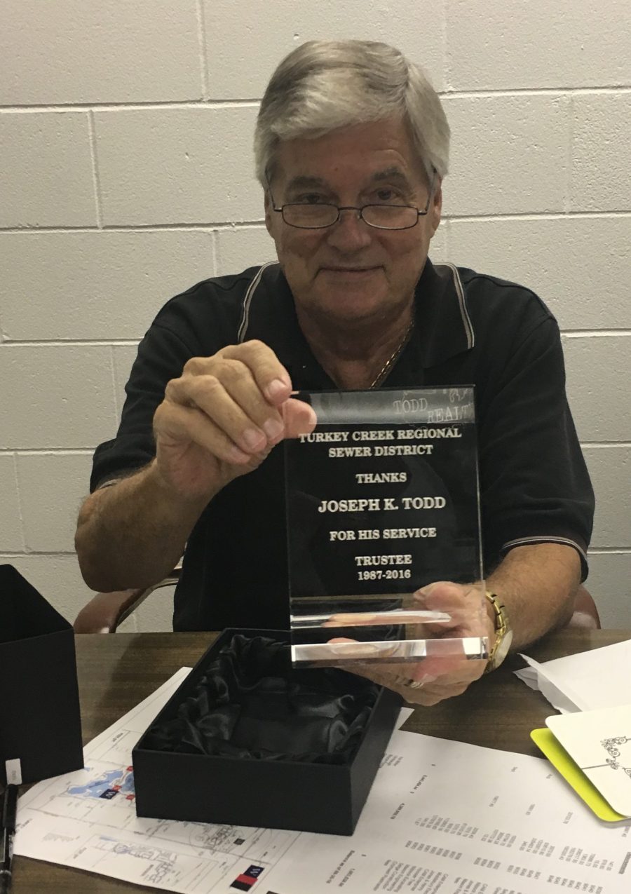 TCRSD Board trustee Joe Todd leaves his position after serving on the board for nearly 30 years. Todd joined the board in 1987, noting his time would be up when the sewer system wrapped entirely around the lake.