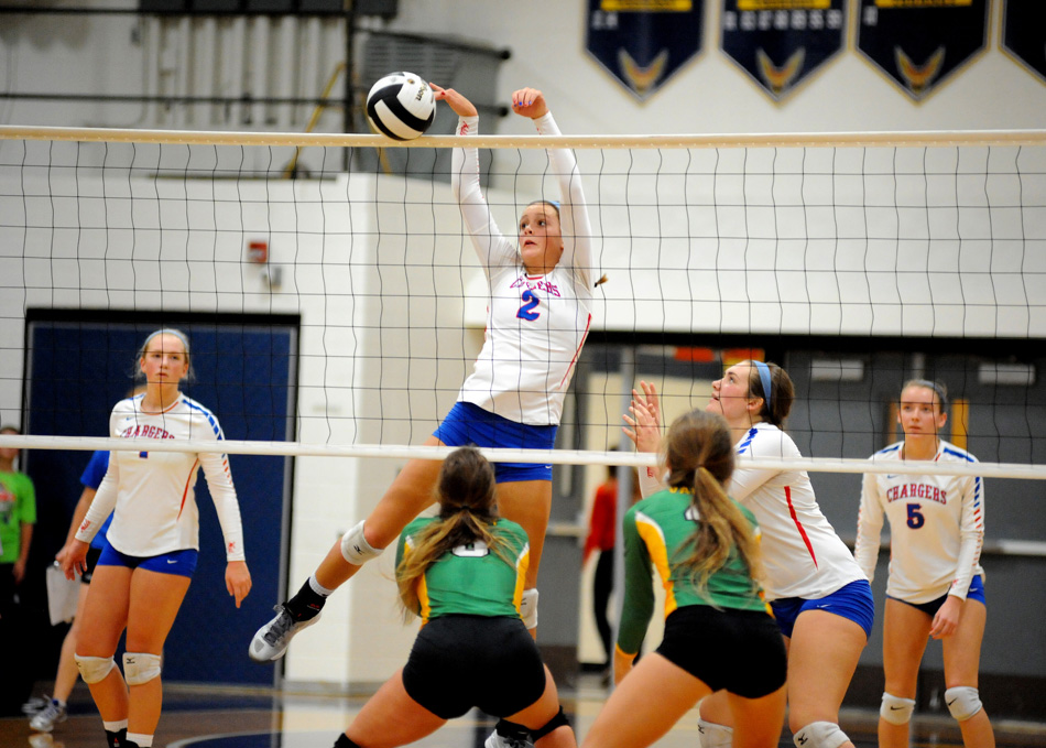 West Noble's Madison Schermerhorn covers a Tippecanoe Valley attempt Thursday during the Chargers' 3-0 win over the Vikings at the Fairfield Volleyball Sectional. (Photos by Mike Deak)