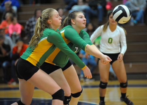 Tippecanoe Valley's Shayleigh Shriver (7) and Sophie Bussard converge on a West Noble attempt.