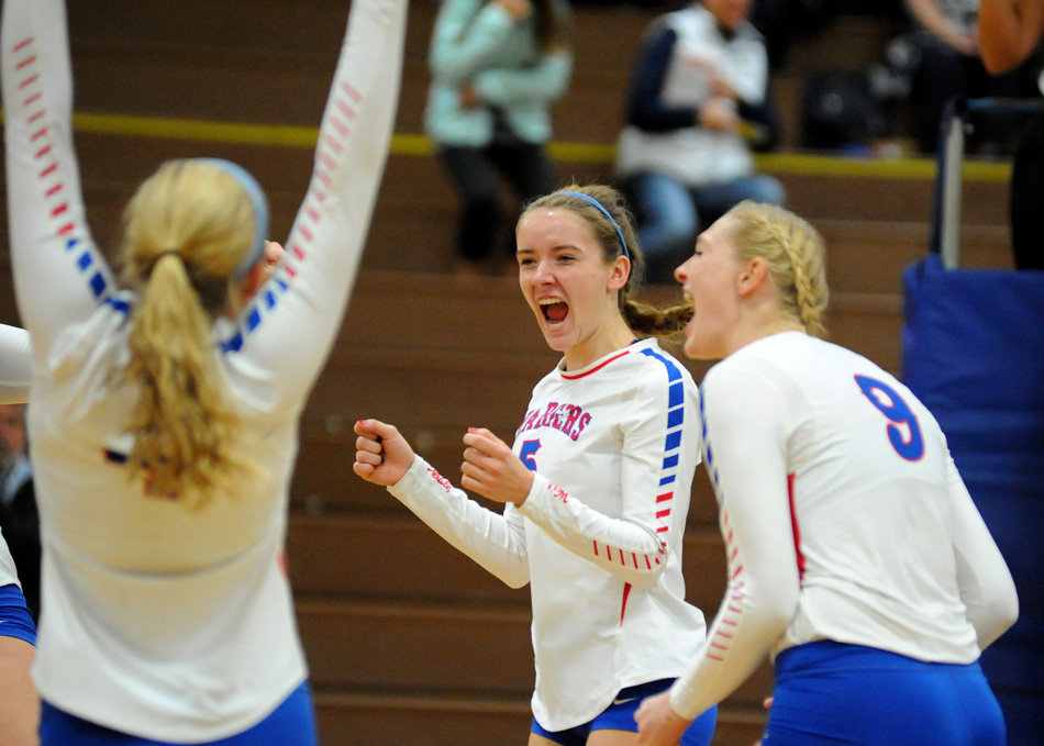 West Noble's Tori Miller celebrates a point during her team's 3-0 win over Fairfield in the Fairfield Volleyball Sectional semi-finals Saturday morning. (Photos by Mike Deak)