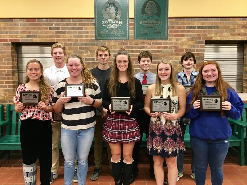 Wawasee's 2016 fall Warrior Way Award winners are, in front from left, Leeann Estrada, Madison Beaman, Hannah-Marie Lamle, Reagan Atwood and Ellsie Bowman. In the back, Tim Conley, Connor Rummel, Cole VanLue and Sam Griner. (Photo provided by Wawasee Athletics)