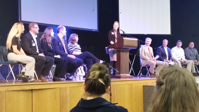 Participants in the Panel Discussion, moderated by Stephanie Overbey, Tippecanoe Valley patron and associate director of the Kosciusko County Community Foundation. Participants in the 10-member panel discussion included TVHS Ag Teacher & FFA Sponsor Mike Jones, TVHS graduate and current Wawasee High School Ag Teacher & FFA Sponsor Mariah Roberts, as well as Tippecanoe Valley patrons Tyler Bouse (AgriGold Hybrids and Bouse Farms) and Steve Miller (Creighton Brothers).